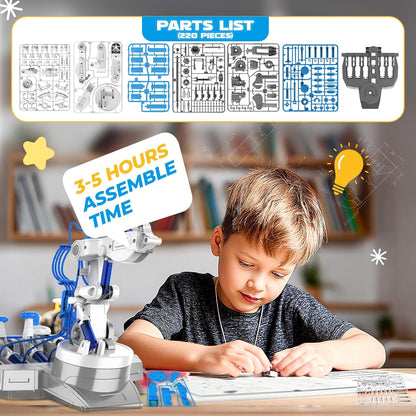 SMIESSKIDDO 3 in 1 Hydraulic Robot Arm - 220 Pcs STEM Building Toys with 4-Jaw Grab, Suction & Tongs for Kids 8-12 | No Batteries Needed Engineering Gift for Boys & Girls Ages 9 10 11 - Yellow