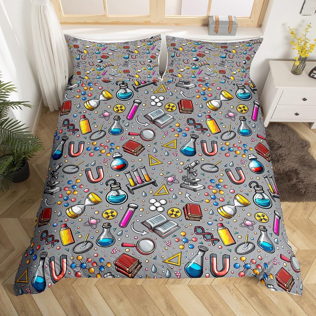 Laboratory Bedding Set Chemistry Lab Duvet Cover For Kids Teen Boys Girls Test Tube Microscope School Graffiti Comforter Cover Chemical Elements Science Theme Bedclothes 2Pcs Twin Size Gray