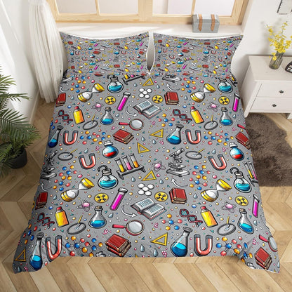 Laboratory Bedding Set Chemistry Lab Duvet Cover For Kids Teen Boys Girls Test Tube Microscope School Graffiti Comforter Cover Chemical Elements Science Theme Bedclothes 2Pcs Twin Size Gray