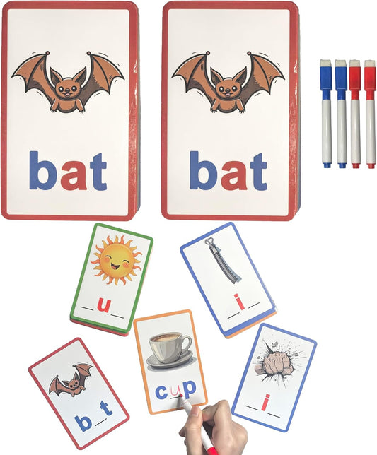 CVC Learning Flash Cards 1 Set- Educational Spelling and Reading Game for Preschool and Kindergarten, Includes Colorful Erasable Pens