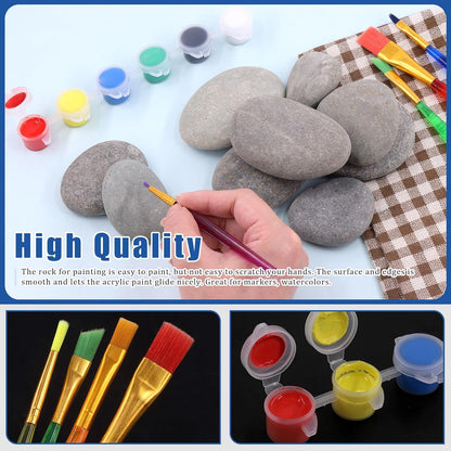 Glarks 34Pcs Rock Painting Kit, Including 15Pcs 2"-3" Flat Painting Stones River Rocks, 12 Colors Non-Toxic Washable Paint, 6Pcs Paint Brushes and 1Pc Palette for DIY Arts and Craft Activities