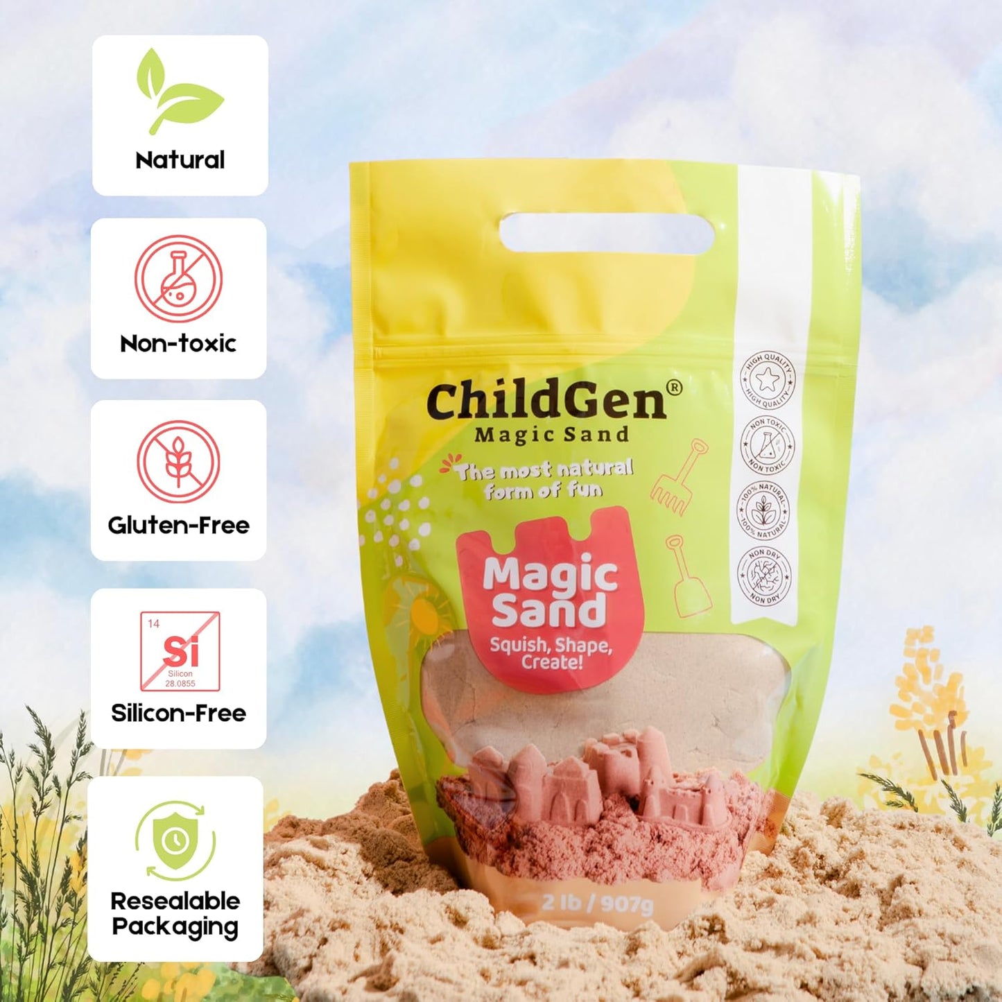 ChildGen Magic Sand, 2lbs Natural Sea Sand in Resealable Bag, Non-Toxic Play Sand for Kids, Soft, Moldable, Mess-Free Sensory Play (Green)