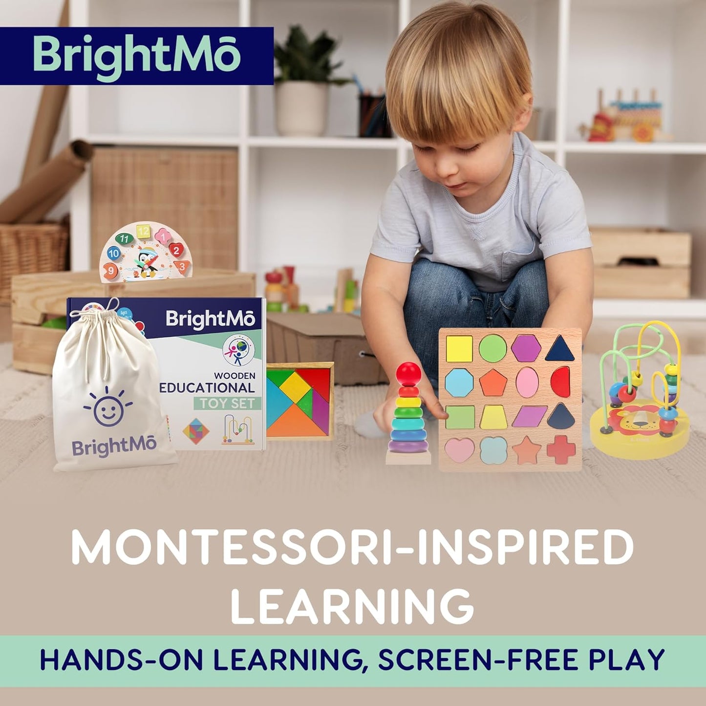 8-in-1 Montessori Wooden Activity Toy for 3 Year Old Boys & Girls – Alphabet, Numbers, Shape Sorting & Xylophone – Preschool Educational Learning Set