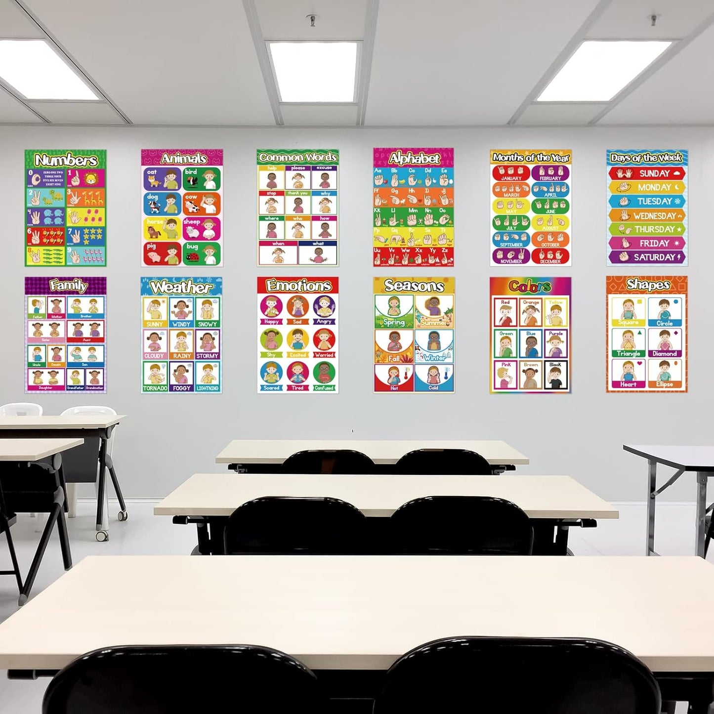 Sign Language Poster ASL Poster for Classroom 12 Pieces ASL Posters Sign Language Flash Cards for Toddlers Kids Students Classroom Decoration
