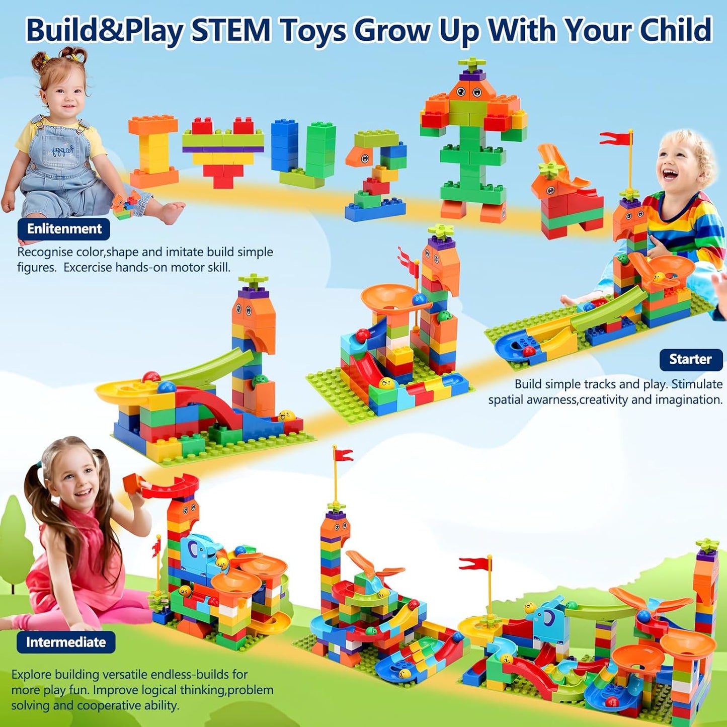 Marble Run Building Blocks for Kid: 3 4 5 6 8 Year Old Montessori Education Preschool STEM Toy - Age 4-8 Kids Creative Puzzle Marbles Track - Christmas Birthday Gifts for Boys Girls