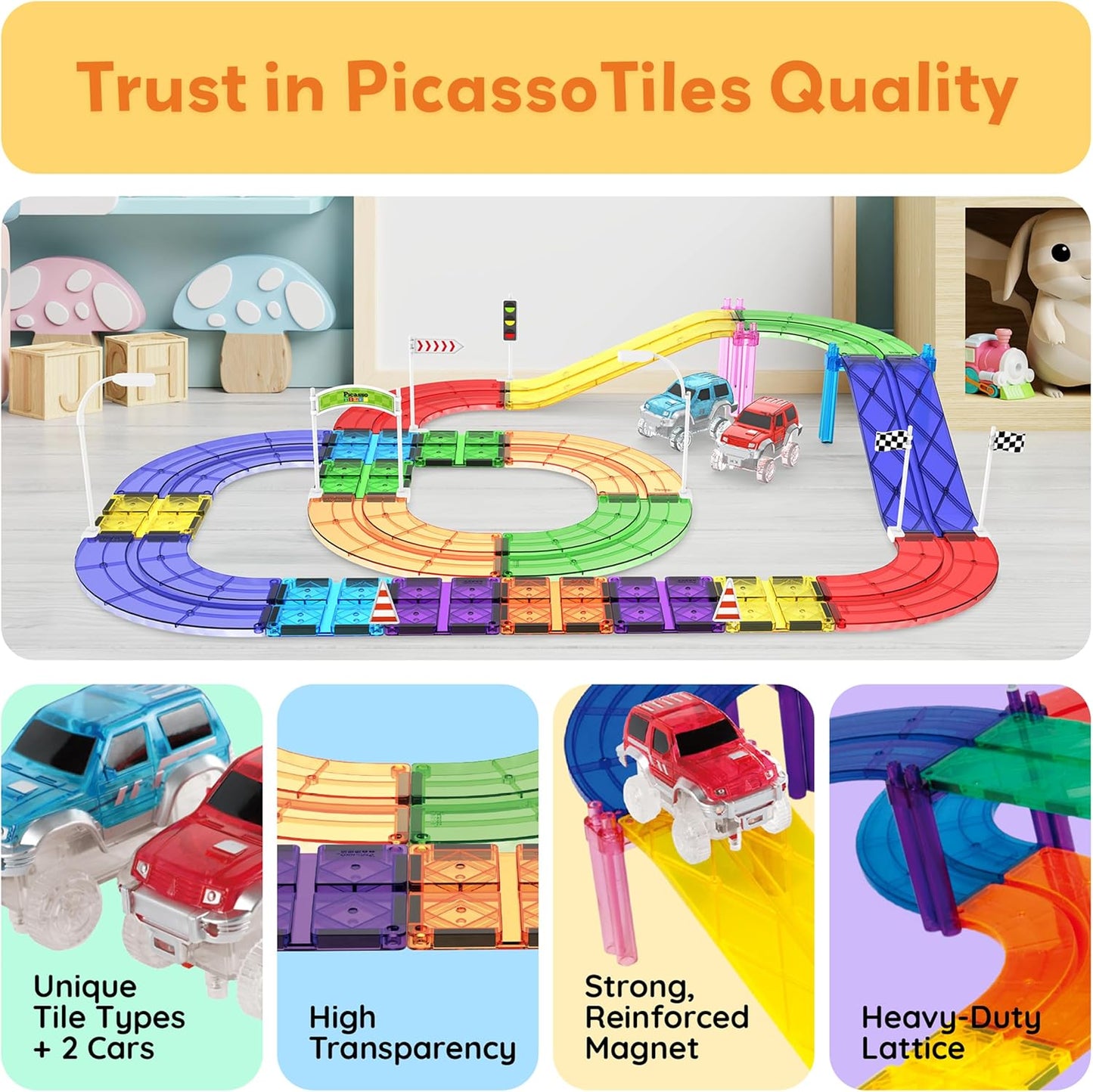 PicassoTiles 121pc Magnetic Tile Race Track Marble Run Magnet Tiles 3-in-1 Playset Car Racing Construction Set STEM Learning Early Education Building Toy Cars for School Toddlers Boys Girls Ages 3+