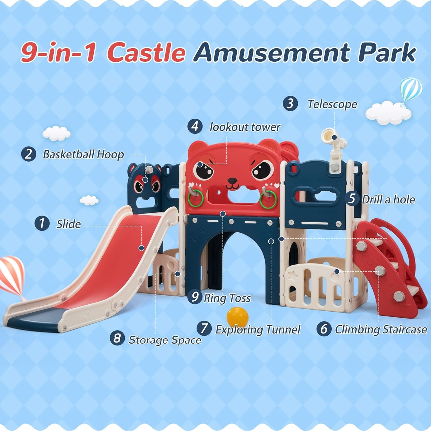 NYEEKOY 9 in 1 Toddler Slide Playset Indoor Outdoor Kids Slide and Climber for Toddler Age 1-6, Children Slide Climber Playground