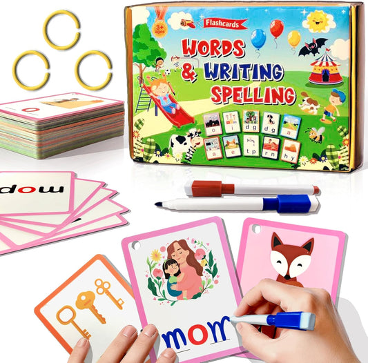 CVC Word Games, Phonics Flash Cards for Kids, 100 Pcs Writing & Spelling Card with 4 Dry Eraser Markers & 4 Sorting Rings, Reusable Phonics Flash Cards, Preschool Learning Activities, CVC Word Games