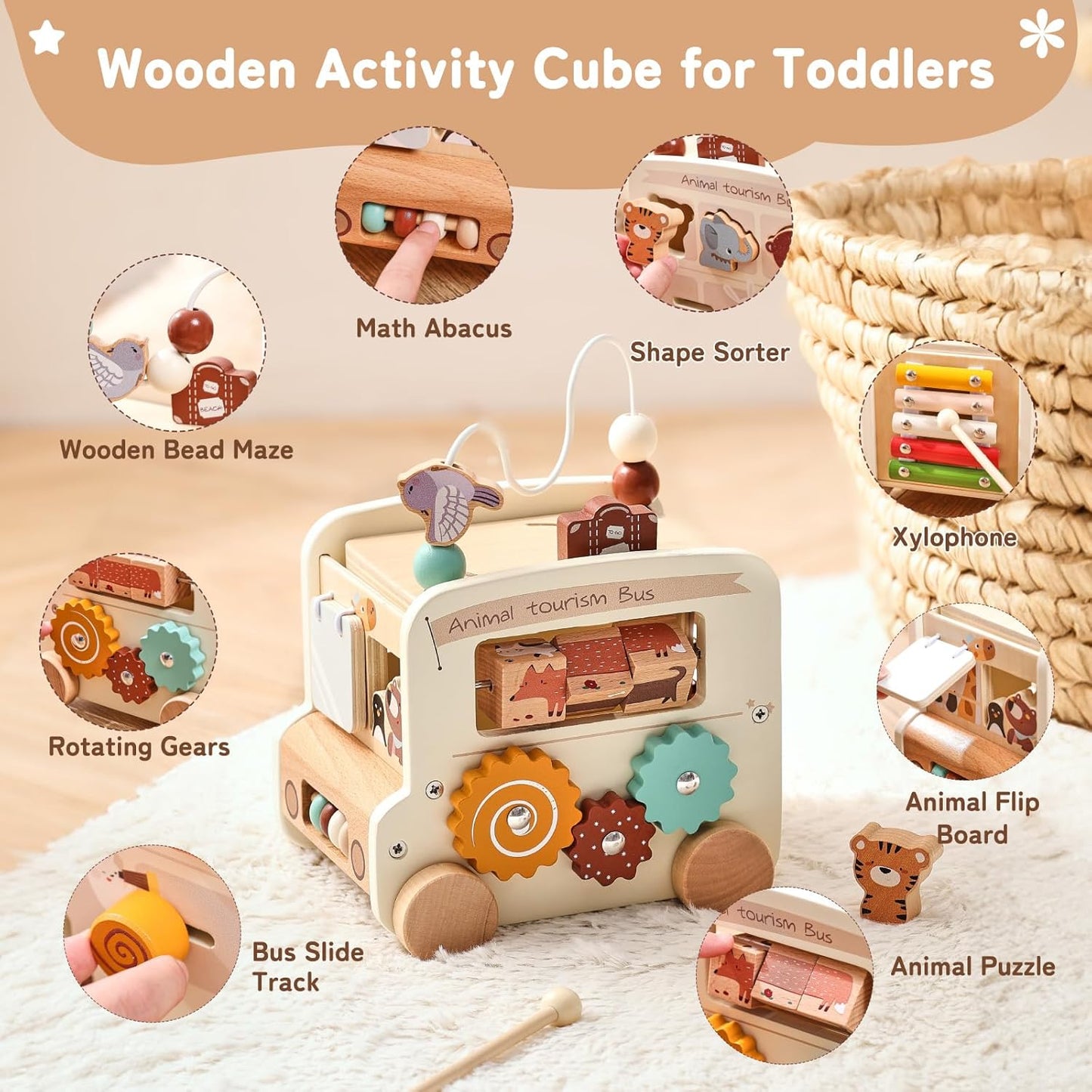 Wooden Activity Cube - 8 in 1 Montessori Toys Boys Girls, Multipurpose Educational Learning Toys for Toddlers Baby Activity Cubes with Animal Tourism Bus Theme