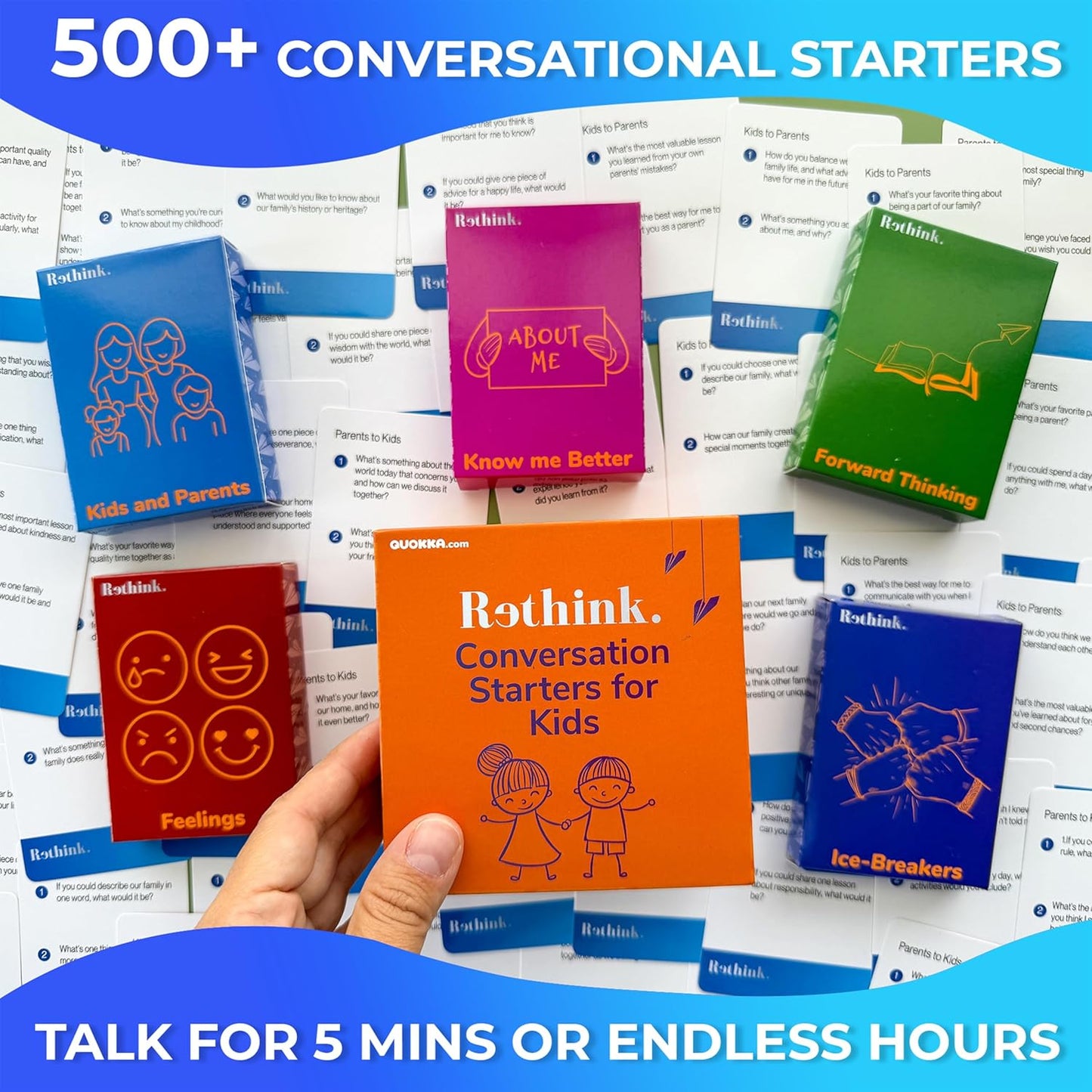 QUOKKA Conversation Cards Game - Kids Edition | 500 Questions | Original Version | Share Thoughts - Fun Talking Board Game for Family Night