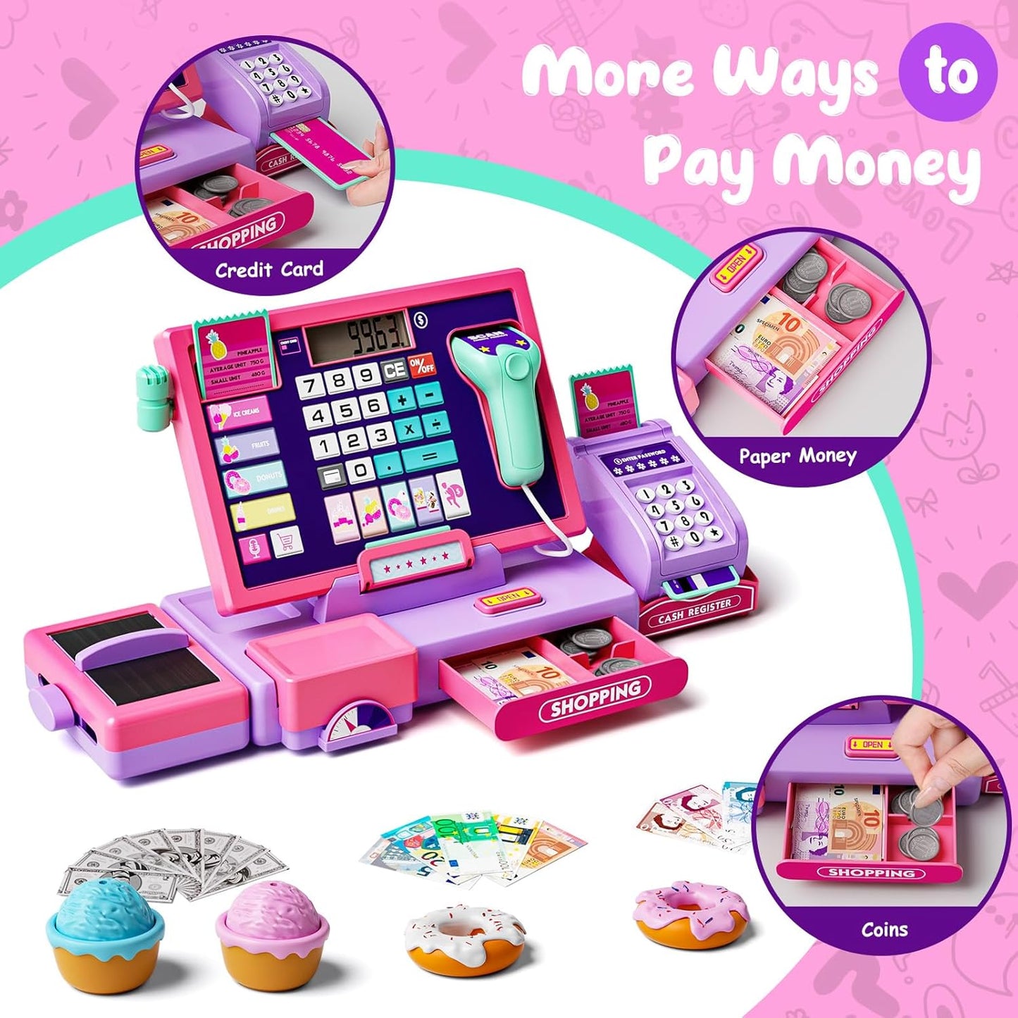 Kids Cash Register Toy Playset, Toddler Prentend Play Store with Real Calculator Cash Register with Scanner/Credit Card/Play Money/Food, Learning Toys for Boys Girls Toddlers(Pink)