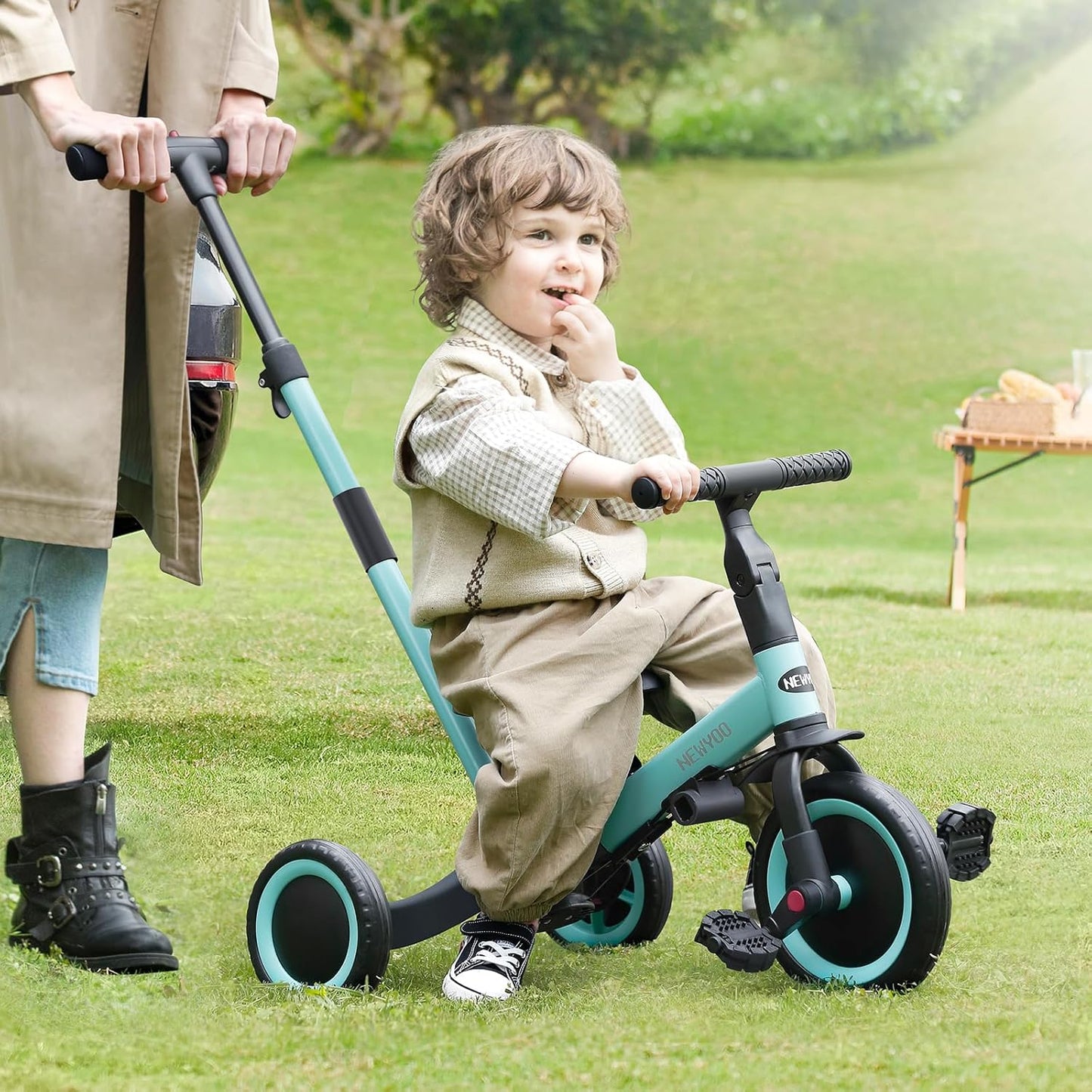 newyoo Toddler Tricycle with Push Handle for 1-3 Year Old, Toddler Bike, Birthday Gift and Toy for Boys and Girls, 5 in 1 Kids Trike, Balance Bike with Backrest and Safety Belt, Khaki, TR007