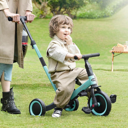 newyoo Toddler Tricycle with Push Handle for 1-3 Year Old, Toddler Bike, Birthday Gift and Toy for Boys and Girls, 5 in 1 Kids Trike, Balance Bike with Backrest and Safety Belt, Khaki, TR007