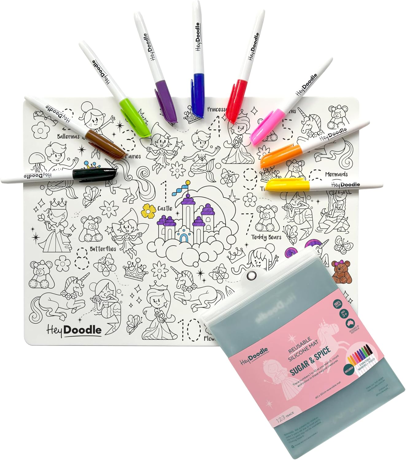 HeyDoodle Into The Wild Classic Doodle Mat – Reusable Silicone Alphabet Coloring Mat for Toddlers and Kids – Educational Animal Activity Pad with 9 Markers – Mess-Free Travel Toy – Ages 3-7