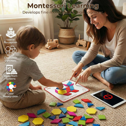 3 otters Wooden Pattern Blocks Shapes for Kids, Geometric Tangram Puzzle with Activity Cards, 150 PCS Educational Toy