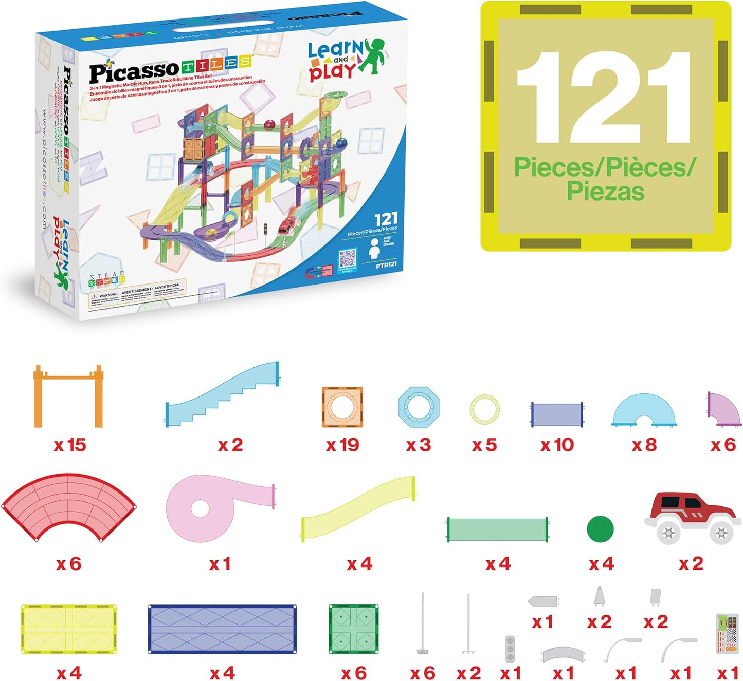 PicassoTiles 121pc Magnetic Tile Race Track Marble Run Magnet Tiles 3-in-1 Playset Car Racing Construction Set STEM Learning Early Education Building Toy Cars for School Toddlers Boys Girls Ages 3+