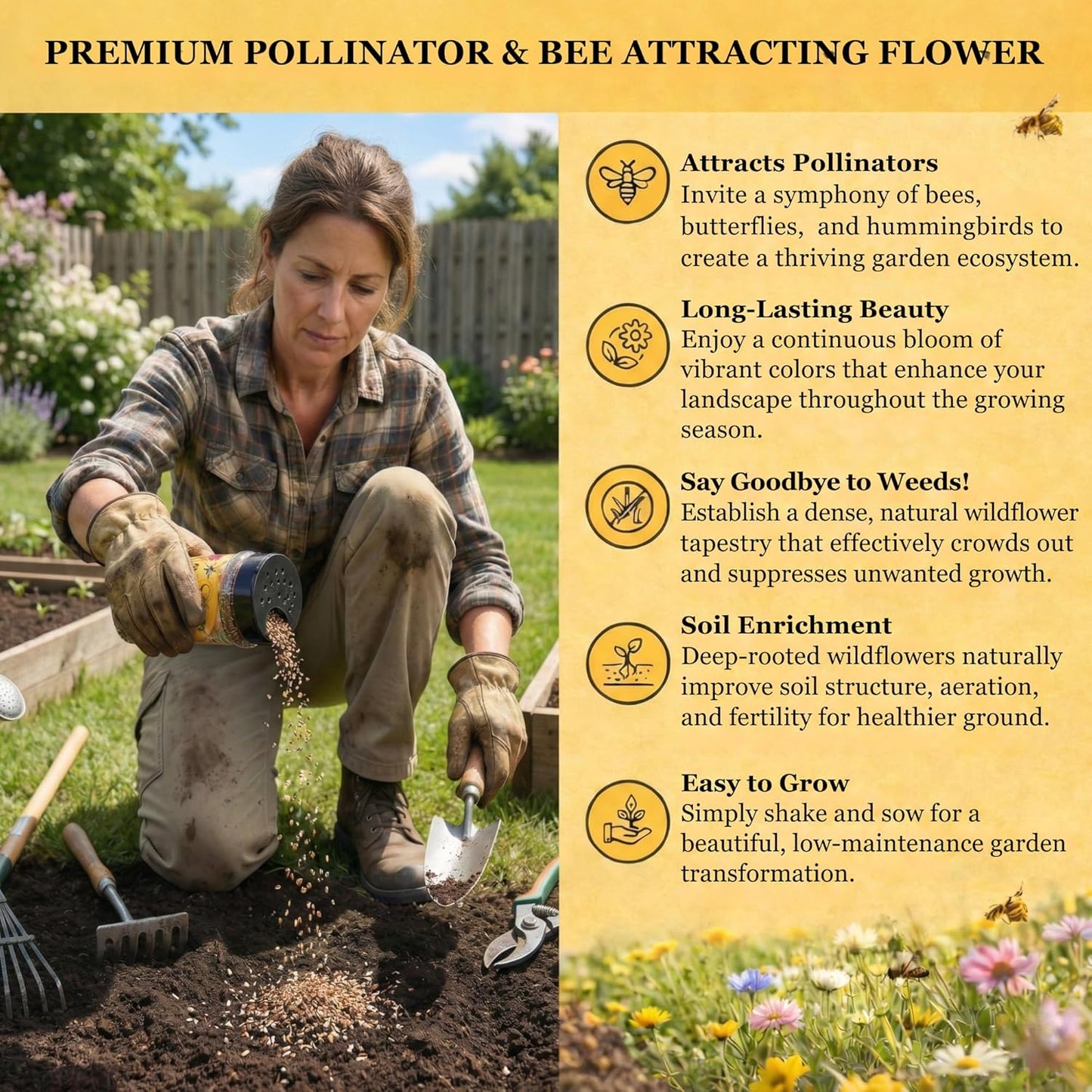 Mini Wildflower Seed Shaker - Save The Bees Seed Mix, by GevaGrow | 80,000+ Seeds | Pollinator & Bee Attracting Flower Seeds Bulk for Planting in Pots & Outdoor Gardens | 2 Ounce