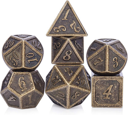 DnDnD Heavy Polyhedral Metal Dice Set with Metal Box, 7-die Shiny Blue Surface with Golden Number for RPG,Dungeons and Dragons,Pathfinder,Shadowrun,D&D,Role Palying Game and Math Teaching - Colors A