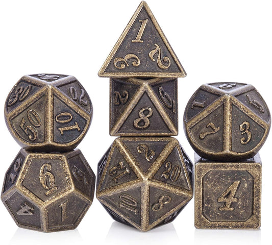 DnDnD Heavy Polyhedral Metal Dice Set with Metal Box, 7-die Shiny Blue Surface with Golden Number for RPG,Dungeons and Dragons,Pathfinder,Shadowrun,D&D,Role Palying Game and Math Teaching - Colors A