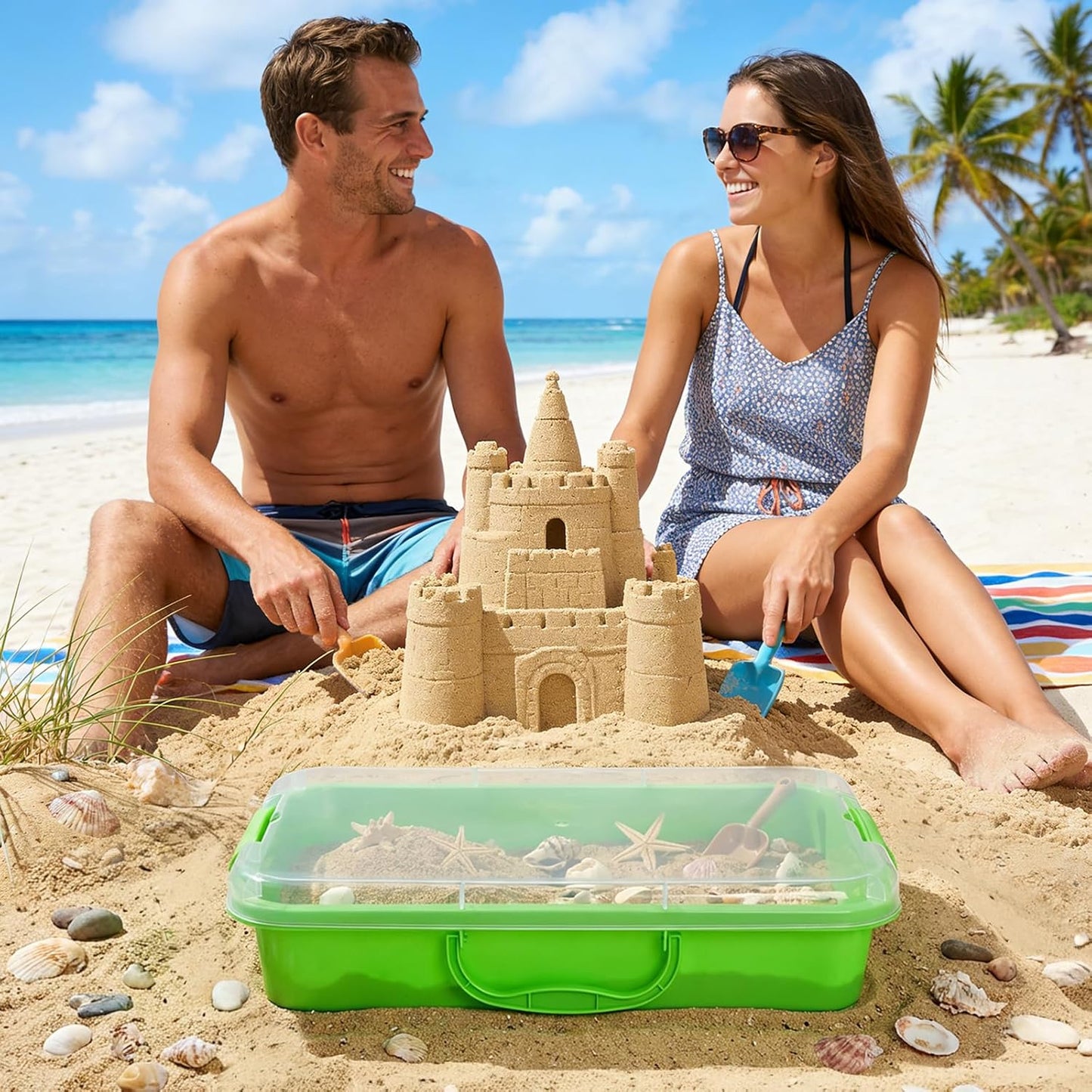 3 Pack Plastic Sensory Bins, Portable Clear Lid Sandbox Container with Handle 15 Stickers, Large Sand Water Play Tray Crafts Organizers for Sand, Water, Beads (Blue, Green, Pink)