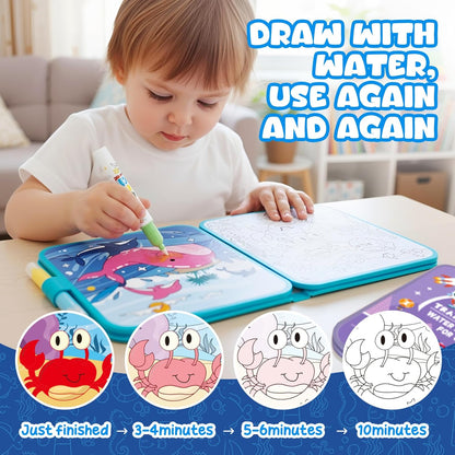 YoPoll Water Painting Book for Kids, Reusable Magic Water Coloring Book with Water Pen, No Mess Water Reveal Coloring Book, Travel Activity Toy for Toddlers Ages 3–6