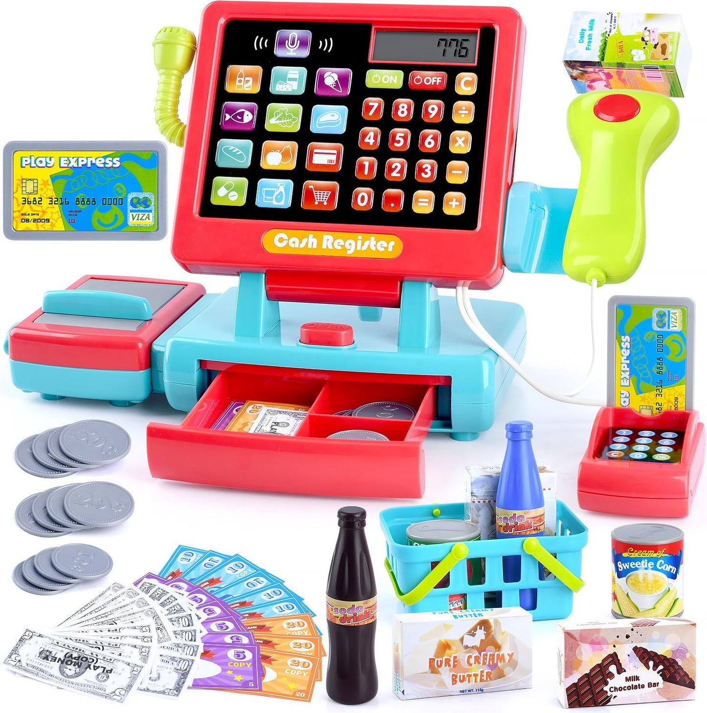 PLAY Kids Cash Register Toy - Pretend Play Calculator Register Toys with Microphone/Conveyors/Play Money/Scanner/Credit Card/Cans/Drink, 3+ Toddler Develops Early Math Skills Learning Toys