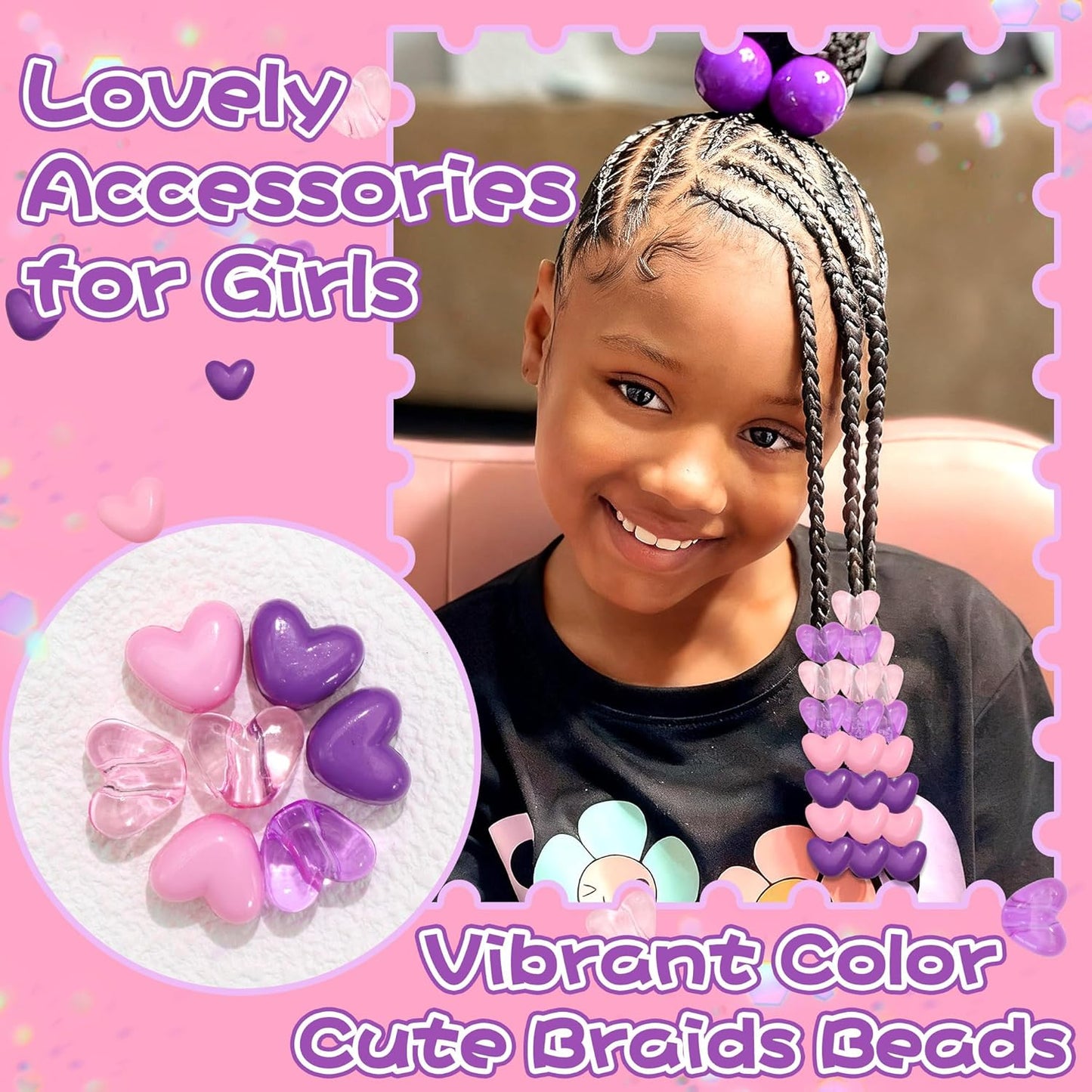 90PCS Heart Hair Beads for Braids Blue Pink Loc Dreadlock Valentine's Day Bead Accessories Purple Cute Acrylic Heart Shape Beads for Kids Girls