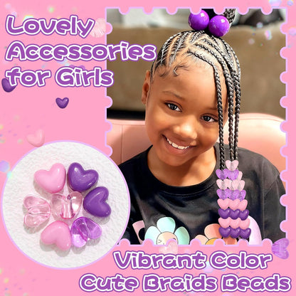 90PCS Heart Hair Beads for Braids Blue Pink Loc Dreadlock Valentine's Day Bead Accessories Purple Cute Acrylic Heart Shape Beads for Kids Girls