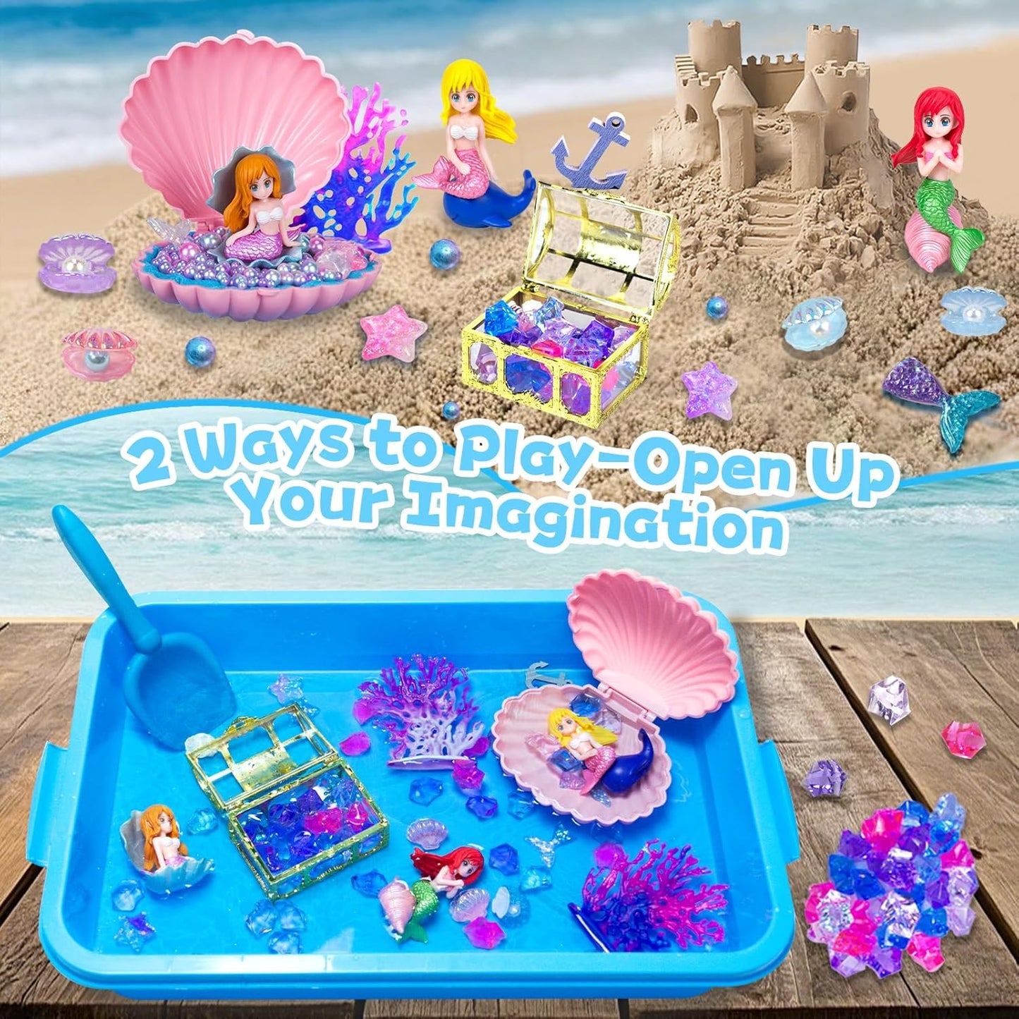 Sensory Bins for Toddlers,Sensory Toys Play Sand Art Kit with Sandbox & Sand Castle Molds & Tools,Indoor Outdoor Beach Toys for Boys and Girls Christmas Birthday Gift (Mermaid Paradise)