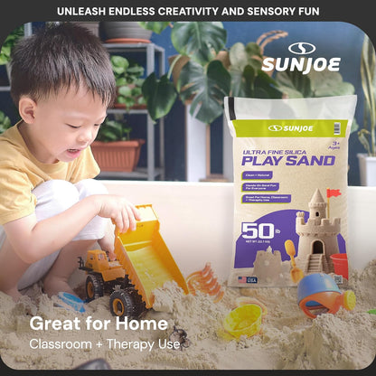Sun Joe Silica Play Sand for Sandbox, Sensory Table & Gardens, Ultra Fine, 50 Lb Bag - Indoor & Outdoor Craft Accessory for Molding, Digging & Sculpting, PLYSAND50