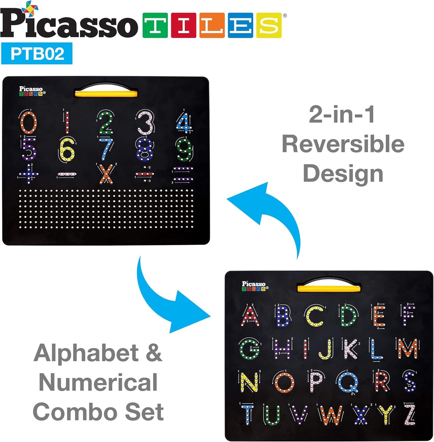 PicassoTiles Magnetic Expression Puzzle Cubes + Letters Numbers Drawing Board, 8pc Magnet Blocks w/ 36 Emotion Game Card Include, ABC A-Z Letter, Number, Freestyle Writing Erasable Magnet Tablet Pad