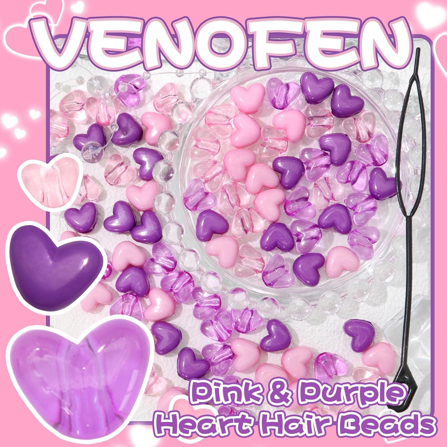 90PCS Heart Hair Beads for Braids Blue Pink Loc Dreadlock Valentine's Day Bead Accessories Purple Cute Acrylic Heart Shape Beads for Kids Girls