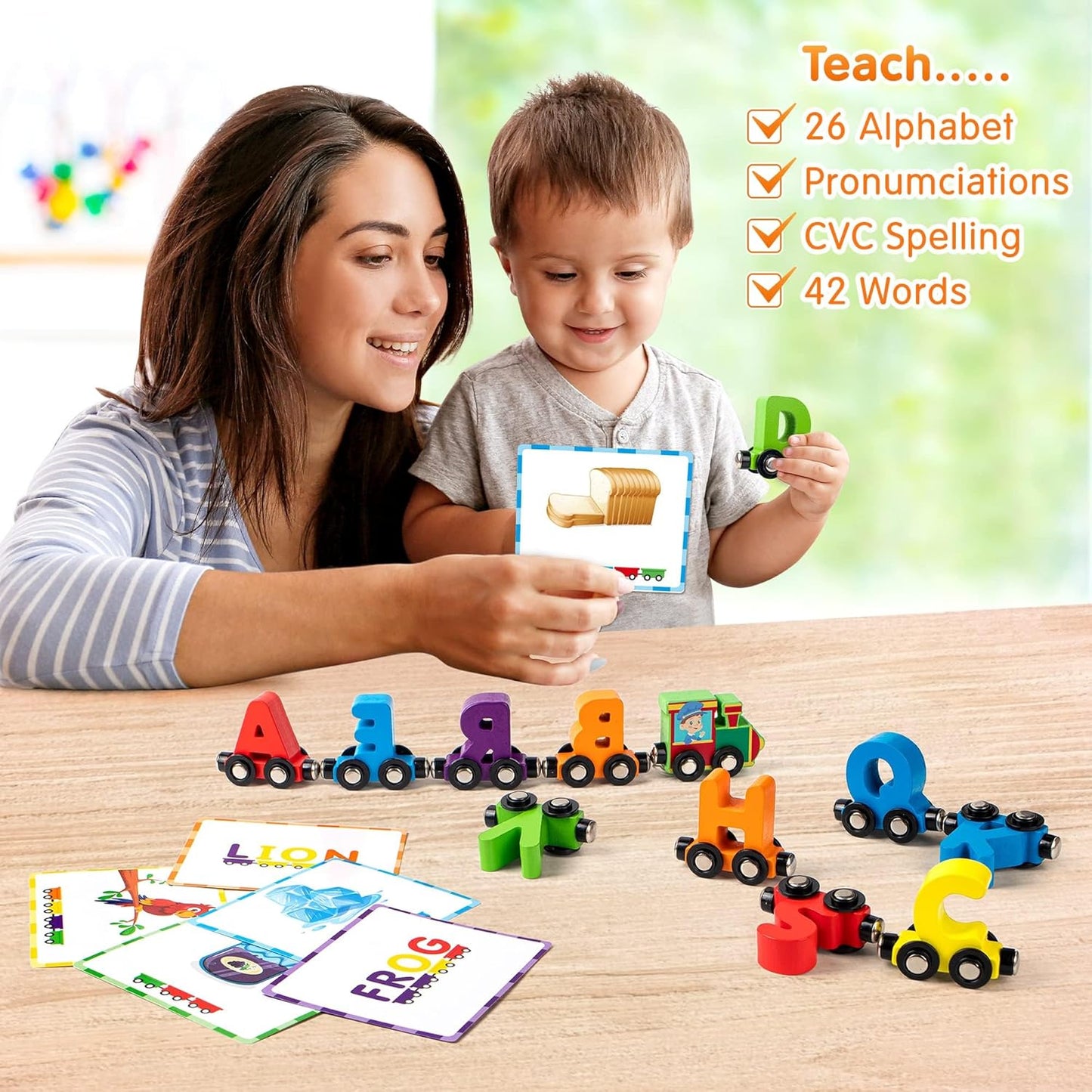 Vanmor Wooden Train Set for Toddlers - Snap-Connection Animal Trains, Magnetic Alphabet Train Learning Toys, STEM Preschool Toys, ABC and Animal Play Set for Kids Ages 3-5