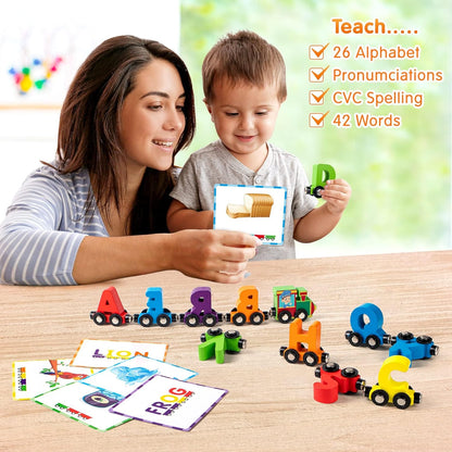 Vanmor Wooden Train Set for Toddlers - Snap-Connection Animal Trains, Magnetic Alphabet Train Learning Toys, STEM Preschool Toys, ABC and Animal Play Set for Kids Ages 3-5