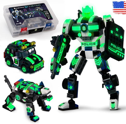 JITTERYGIT Robot Army Buildable Mech Soldier Glow in The Dark Gift Toy Set, Helicopter Military Creative STEM Project, Dinosaur Building Bricks Kit for Kids Ages 6-11 Years Old