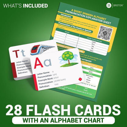 Briston Spanish Alphabet Flash Cards with Audio – 28 Durable 350 GSM Cards for Kids & Adults – Learn Spanish Letters & Pronunciation – Educational Language Learning Set for Classroom & Homeschool