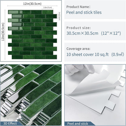 Thick Green Peel and Stick Tile Backsplash 12"x12" Self Adhesive Wall Marble Tiles for Kitchen (10-Sheet)