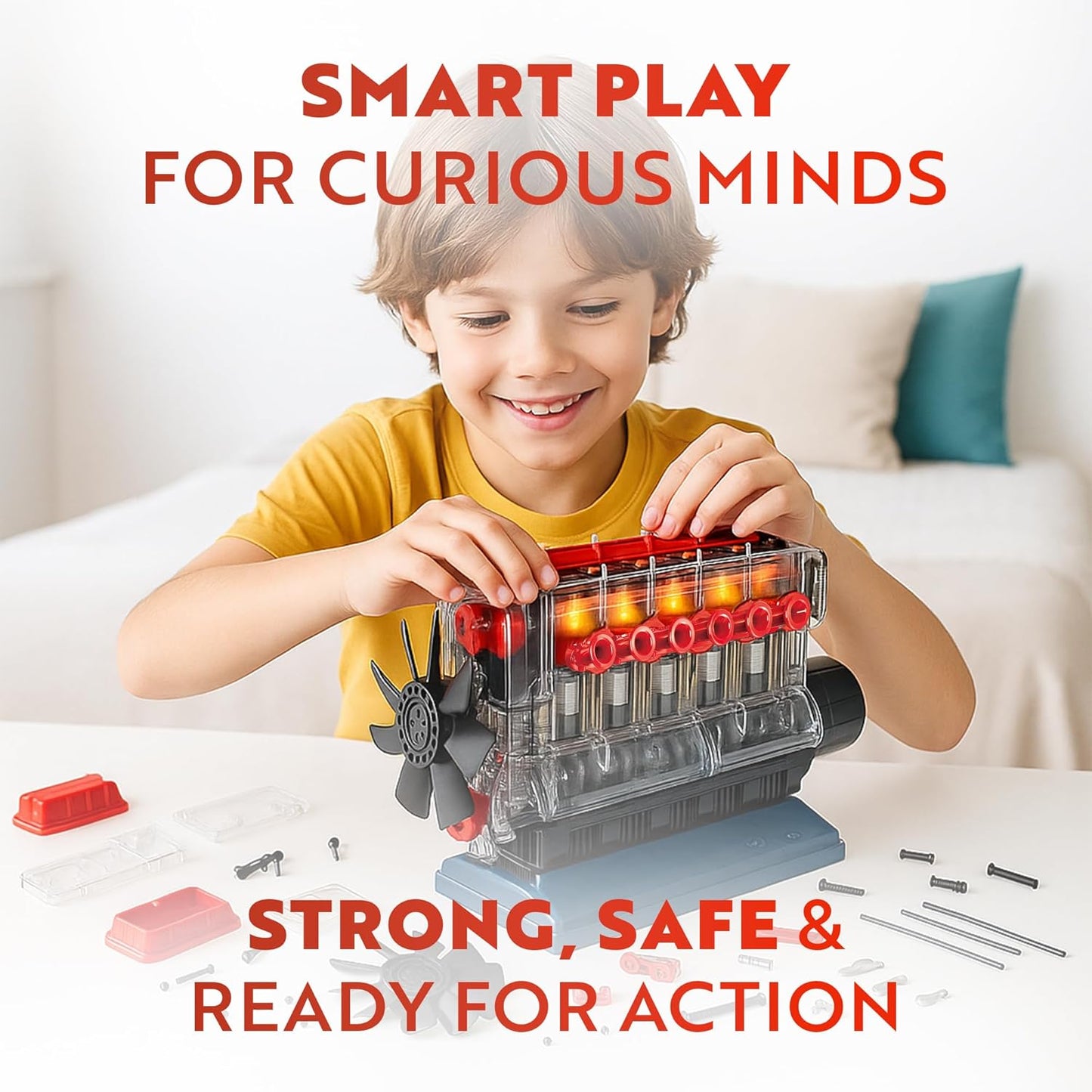 Playz V8 Combustion Engine Model Kit That Runs - Build Your Own STEM Mini V8 Model Engine Kit for Adults & Kids Age 12+, Visible V8 Mini Engine Kit That Works for Adult w/ 270 STEM Parts