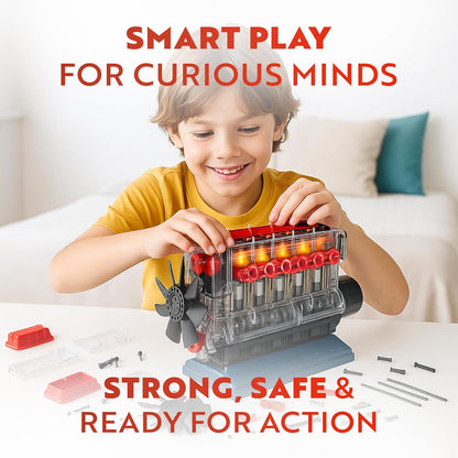 Playz V8 Combustion Engine Model Kit That Runs - Build Your Own STEM Mini V8 Model Engine Kit for Adults & Kids Age 12+, Visible V8 Mini Engine Kit That Works for Adult w/ 270 STEM Parts