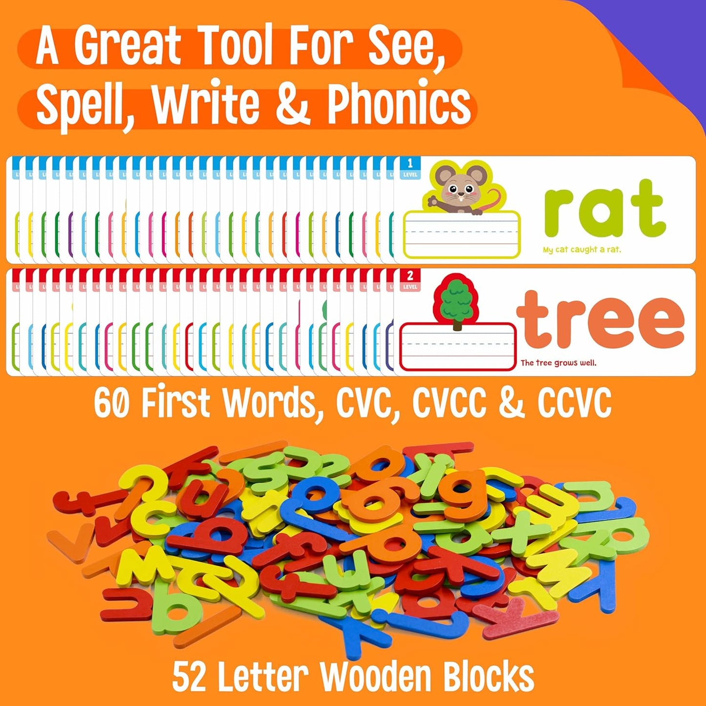 82PCS CVC & CVCC, CCVC Words Builders, 30 Double-Sided Cards & 52 Wooden Lowercase Letters, 2 Levels See & Spell Learning Tool STEM Educational Activities for 3 Years Old Boys and Girls