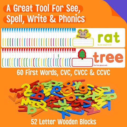 82PCS CVC & CVCC, CCVC Words Builders, 30 Double-Sided Cards & 52 Wooden Lowercase Letters, 2 Levels See & Spell Learning Tool STEM Educational Activities for 3 Years Old Boys and Girls
