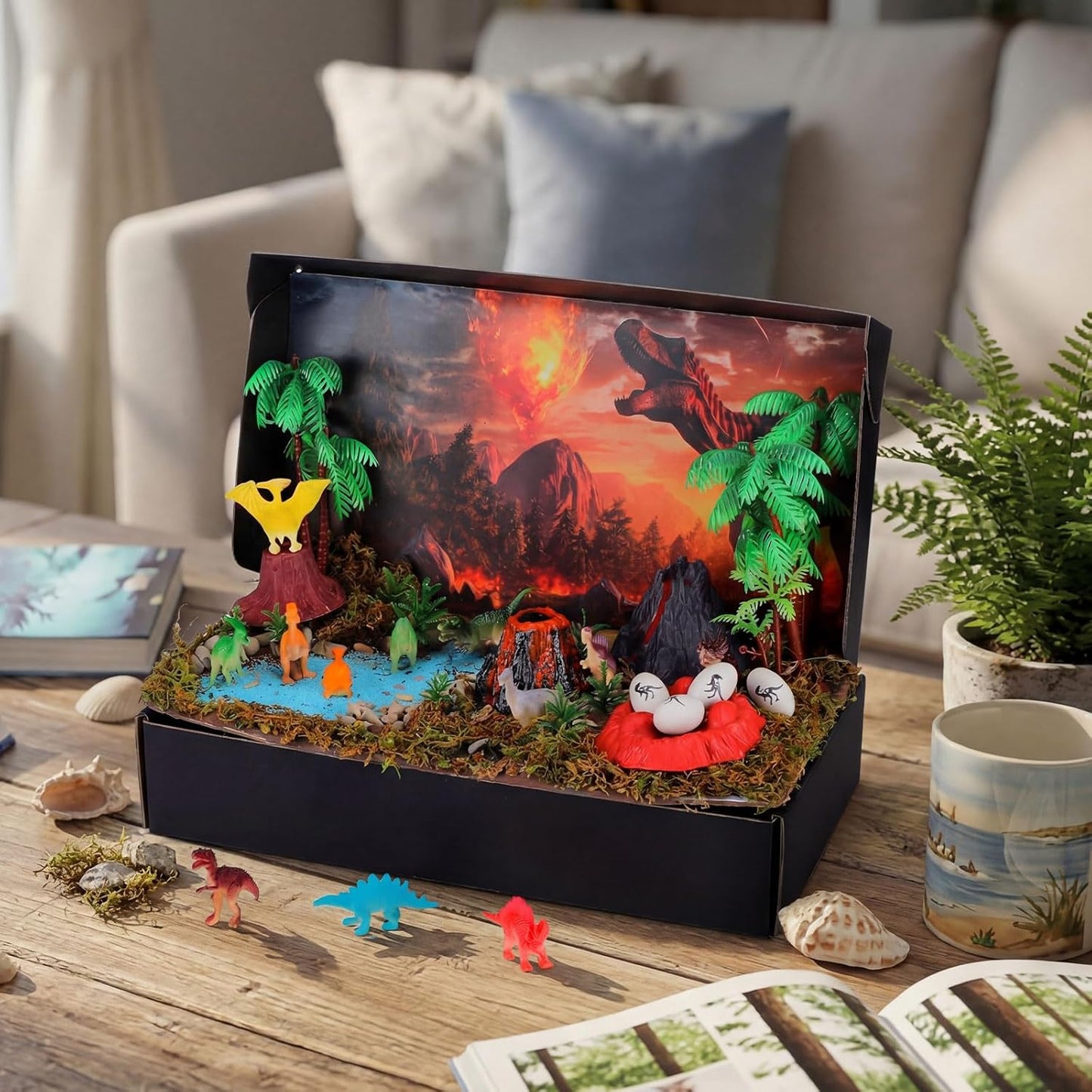 Teyva Daily 48 Pcs Dinosaur Diorama Kit Habitat Project Box Set 3D Dinosaurs Diorama Supplies Include Dinosaurs Model Figures & Eggs Volcano Artificial Trees with Cardboard for DIY Crafts Gifts