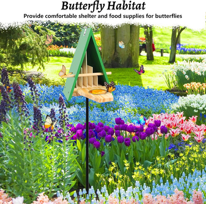 New Butterfly House and Feeder for Outside, Wooden Butterfly House with Metal Stake for Garden, Natural Butterfly Habitat with Butterfly Puddler on The Floor or Hanging on Tree Wall