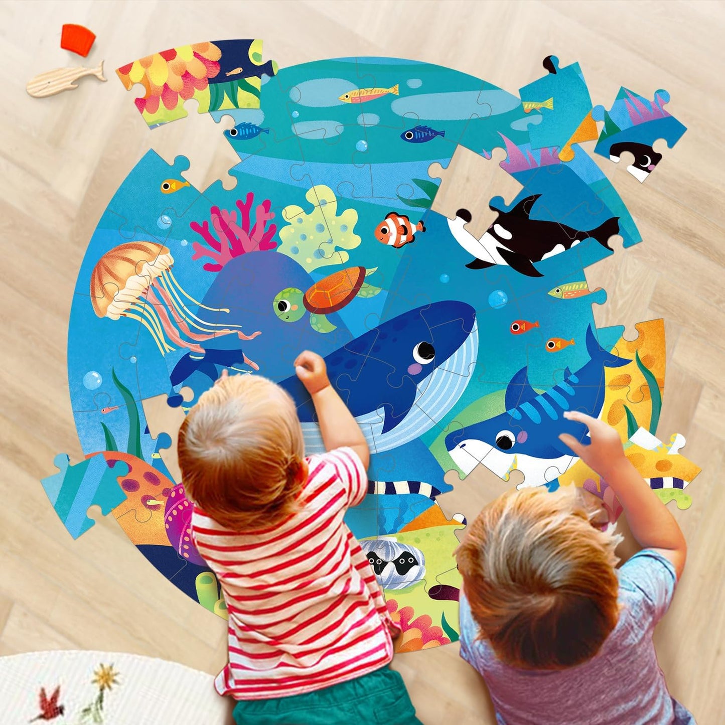 Floor Puzzles for Kids Ages 4-8, Ocean Animal Large 48 Piece Round Wooden Puzzles for Kids Ages 3-5, Educational Toys Wooden Jigsaw Puzzle for 6 7 8 Year Old