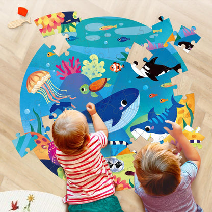 Floor Puzzles for Kids Ages 4-8, Ocean Animal Large 48 Piece Round Wooden Puzzles for Kids Ages 3-5, Educational Toys Wooden Jigsaw Puzzle for 6 7 8 Year Old