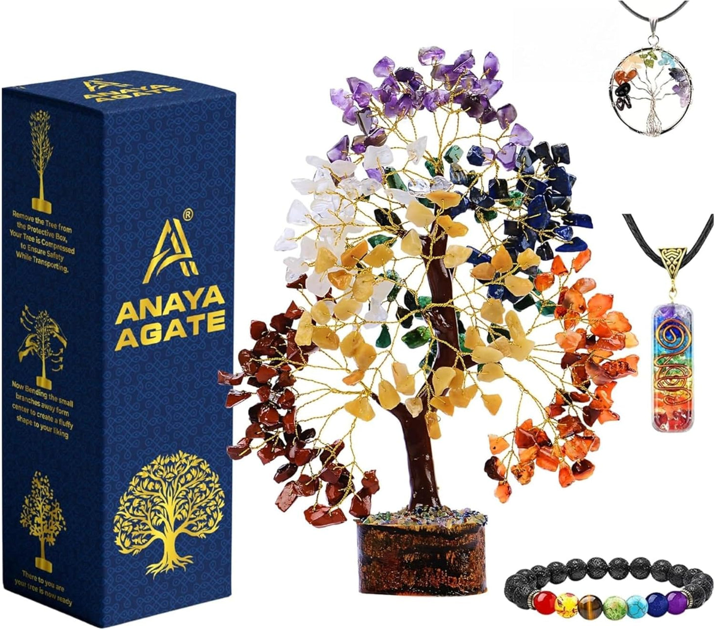 ANAYA AGATE 7 Chakra Healing Crystal Tree of Life Kit, Bracelet, Pendant, Necklace, Feng Shui Money Bonsai Tree, Positive Energy for Women, Mom, Sister and Housewarming Decoration