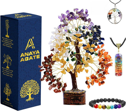 ANAYA AGATE 7 Chakra Healing Crystal Tree of Life Kit, Bracelet, Pendant, Necklace, Feng Shui Money Bonsai Tree, Positive Energy for Women, Mom, Sister and Housewarming Decoration
