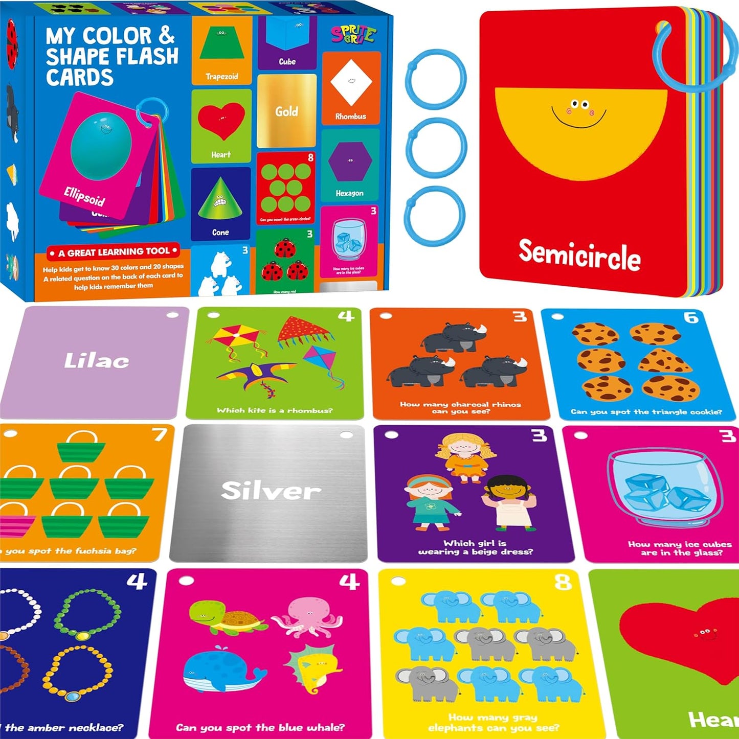 50 PCS Kid First Cognitive Flashcards,Double Sided Printed 7 in 1 Colorful Cards Alphabet,Numbers, Foods,Animals,Shapes,Colors with 3 Reclosable Rings,Learning Tool for Pre-K Kindergarten Toddlers