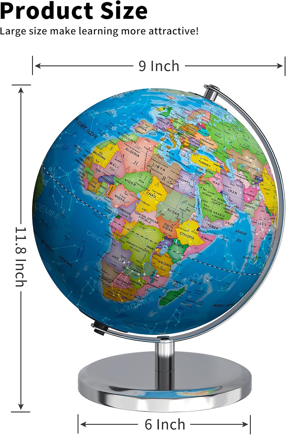 Waldauge Illuminated World Globe with Stand, 9" Earth Globes with Stable Heavy Metal Base for Kids Classroom Learning, LED Constellation Globe Night Light with HD Printed Map