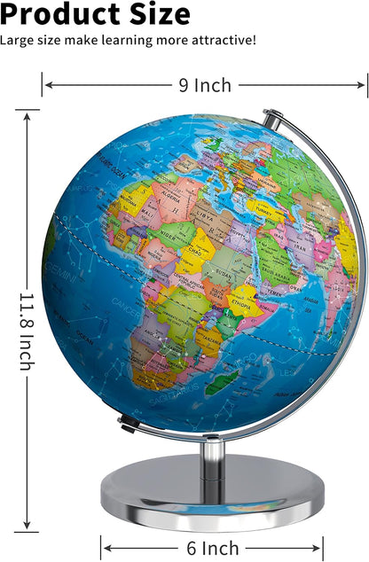 Waldauge Illuminated World Globe with Stand, 9" Earth Globes with Stable Heavy Metal Base for Kids Classroom Learning, LED Constellation Globe Night Light with HD Printed Map